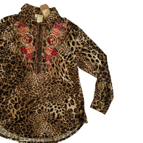 Tru Luxe Jeans Womens Size M Leopard Floral 1/2 Zip Embroidered Tunic Top Blouse - Picture 8 of 16